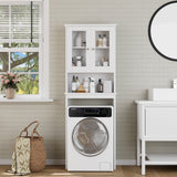 Walsunny white over-the-toilet storage cabinet with glass doors – shown over a washing machine (stock photo)