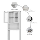 Walsunny white over-the-toilet storage cabinet with glass doors – magnetic door stoppers, adjustable shelf, anti-tip kit and metal knobs (stock photo)