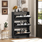 Wodeer black shoe storage cabinet with 3 flip drawers – shown in an entryway (stock photo)