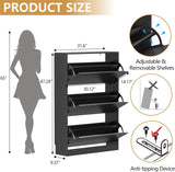 Wodeer black shoe storage cabinet with 3 flip drawers – manufacturer dimension diagram (stock photo)