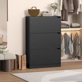 Wodeer black shoe storage cabinet with 3 flip drawers – closed, shown in a bedroom (stock photo)