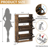 Wodeer rustic brown shoe storage cabinet with 3 flip drawers – manufacturer dimension diagram (stock photo)