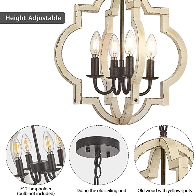 Farmhouse Chandelier, 4 Light Rustic Chandelier Foyer Light Fixtures with Adjustable Suspension Chain. Wooden Chandelier for Foyers, Dining, Living Rooms, Kitchen (Surface Aging Design)