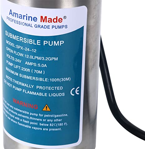 Amarine-made 24V DC Submersible Deep Well Water Pump 3.2GPM 4" / Alternative Energy Solar Battery Powered with Stainless Steel Shell-Max Lift 230 Ft, Max Submersion 100 Ft