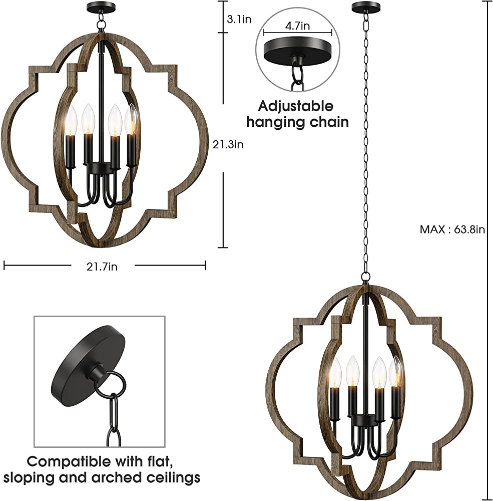 Farmhouse Chandelier, 4 Light Rustic Chandelier Foyer Light Fixtures with Adjustable Suspension Chain. Wooden Chandelier for Foyers, Dining, Living Rooms, Kitchen (Surface Aging Design)