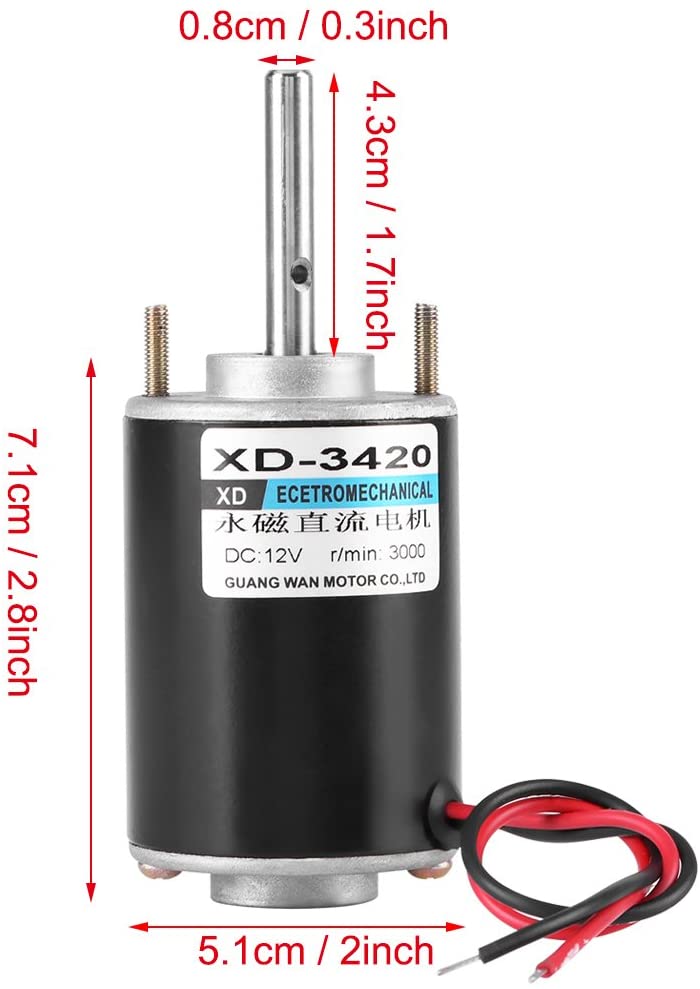 XD-3420 30W Electric Motor Brush DC Motor Reversible CW/CCW Switch Control Permanent Magnet Electric Gear Motor High Torque High Speed (12V 3000RPM)