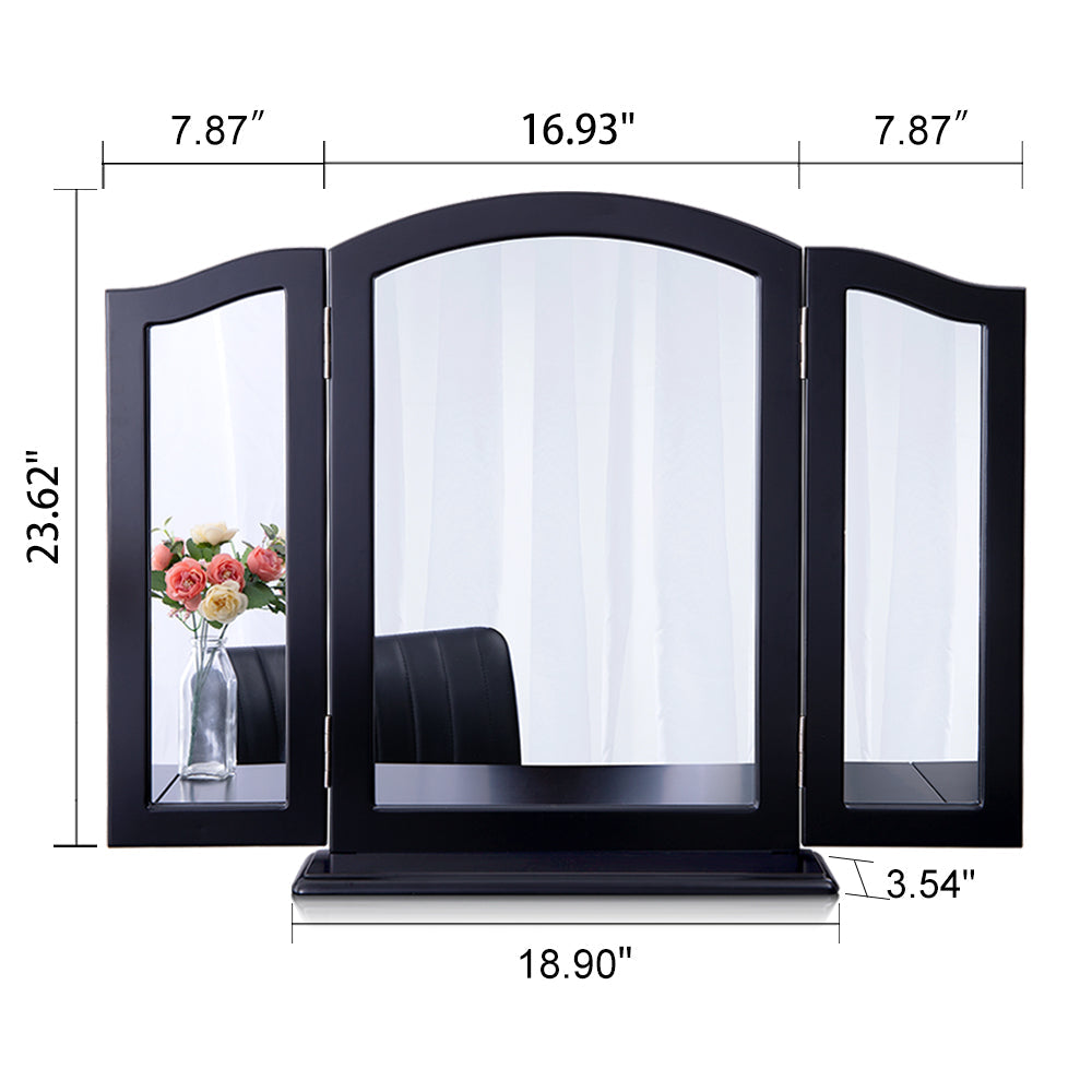 Chende Large Glossy Black Trifold Vanity Mirror with Base, Three Ways
