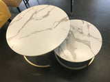 A Set of 2, 31.5” and 23.6” Modern Nesting Coffee Tables Gold Metal Frame with Marble Color Top